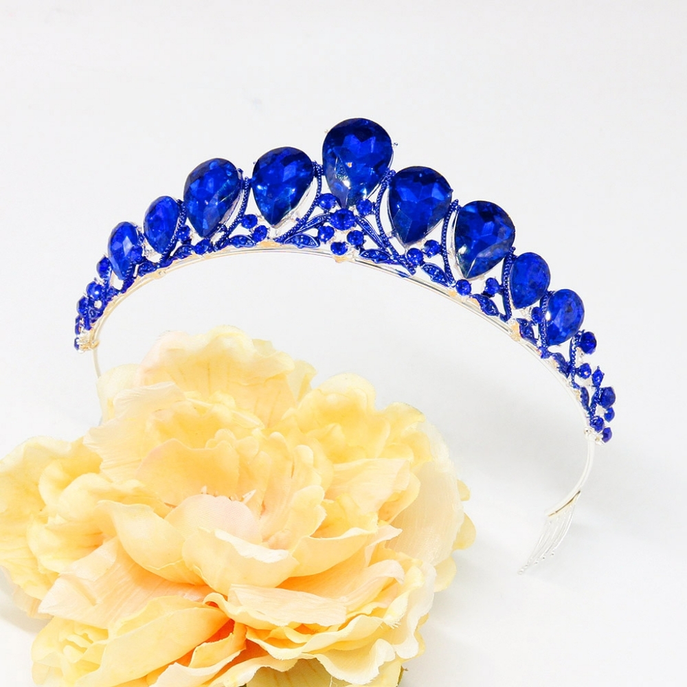 Blue Sapphire Crystal Princess Teardrop Rhinestone Tiara Crown Glass